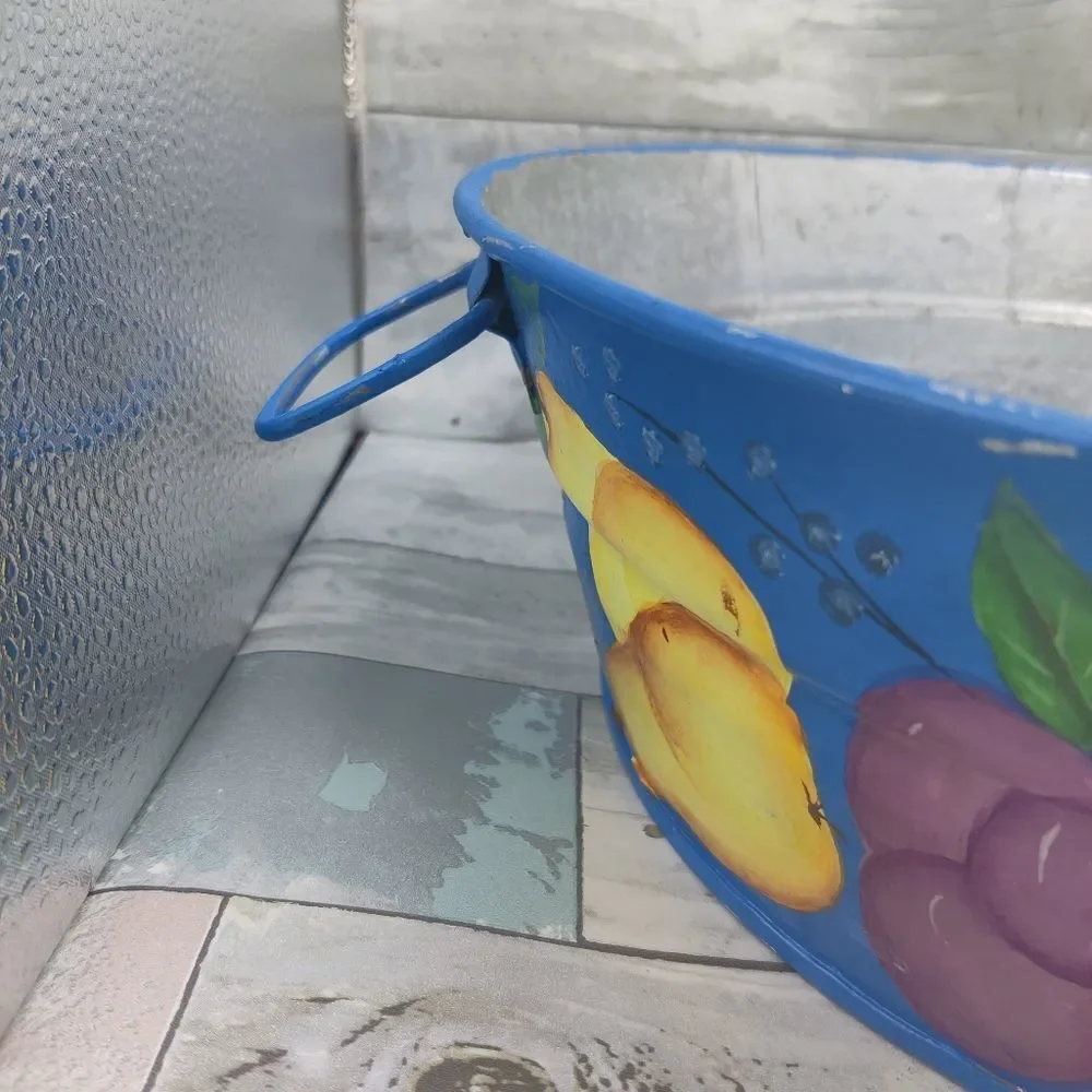 VINTAGE HAND Painted Galvanized Metal Tub Colorful Fruits on Blue